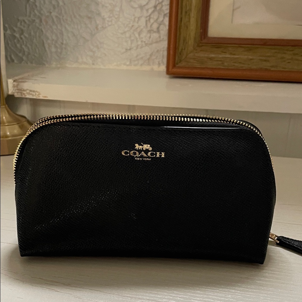 Coach Black Leather Make-Up Bag with Gold Accents